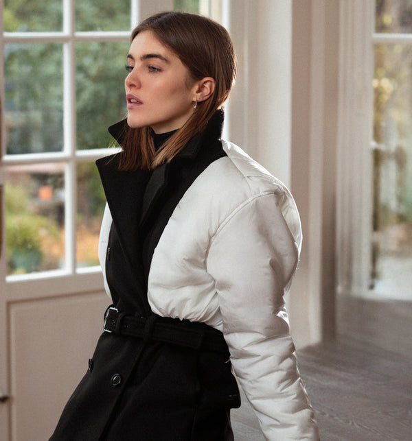 Manteau doudoune bicolore noir & blanc laine/ parka / Méta